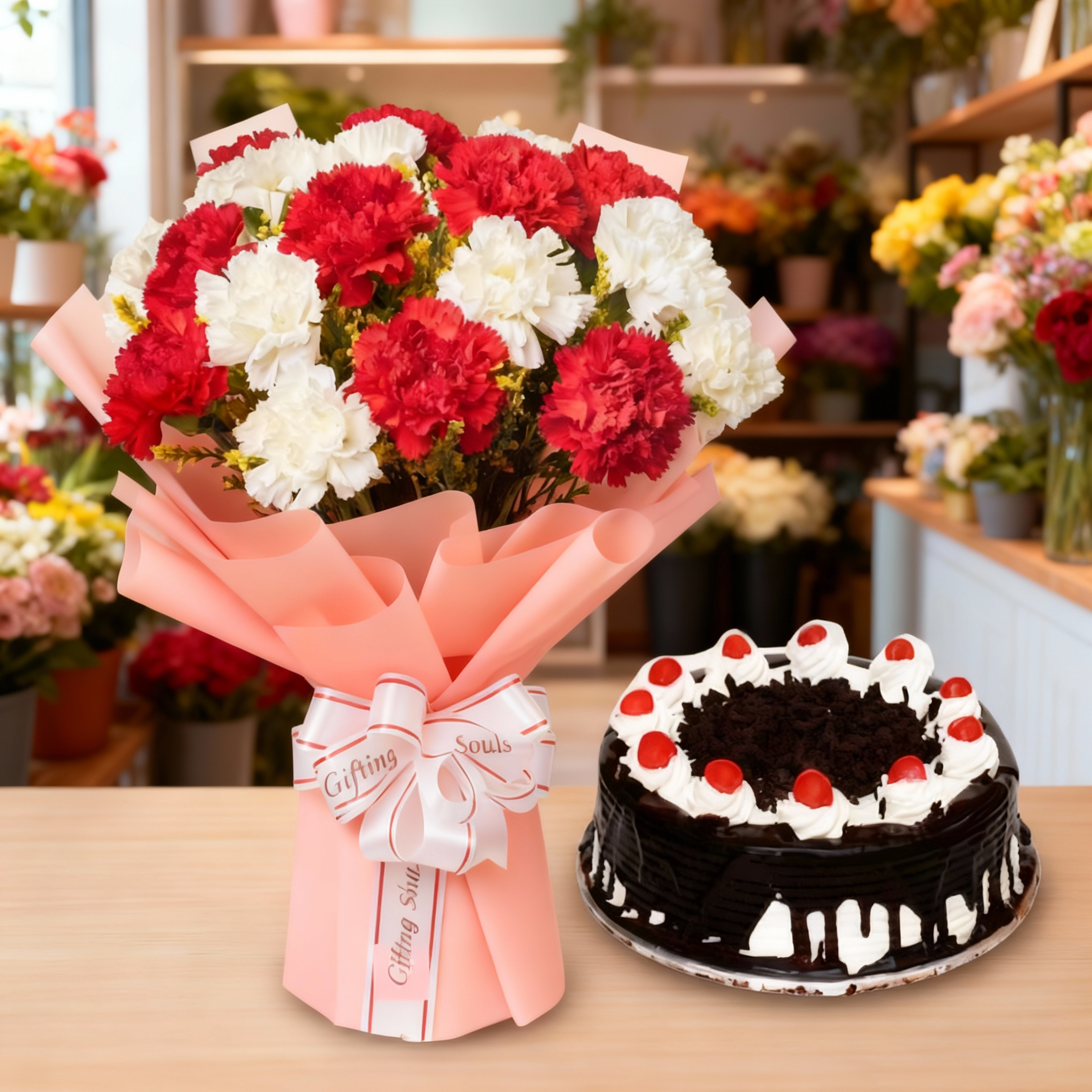 10 Mixed Carnation with half kg Black forest