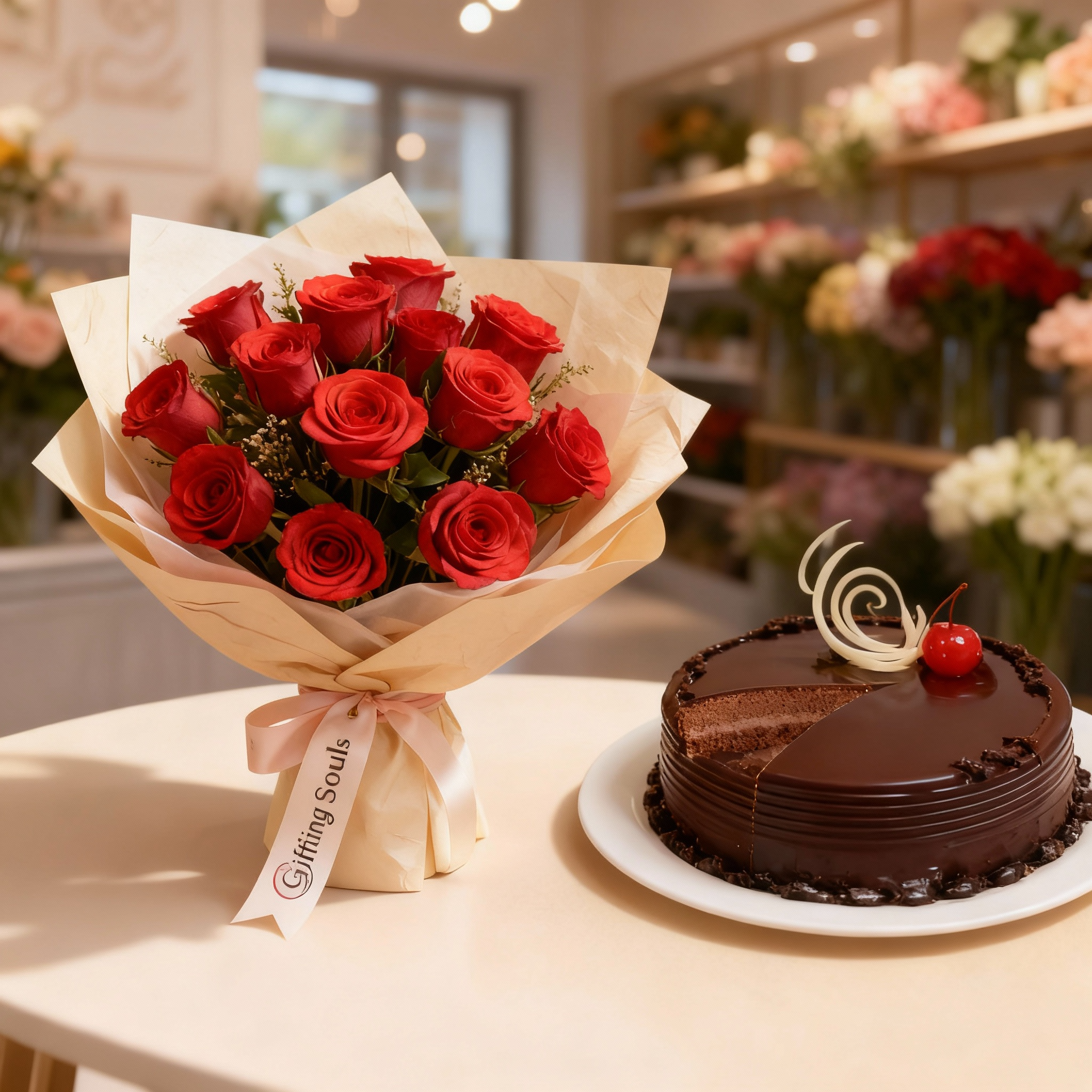 10 Red Roses and Half Kg Chocolate Truffle Cake