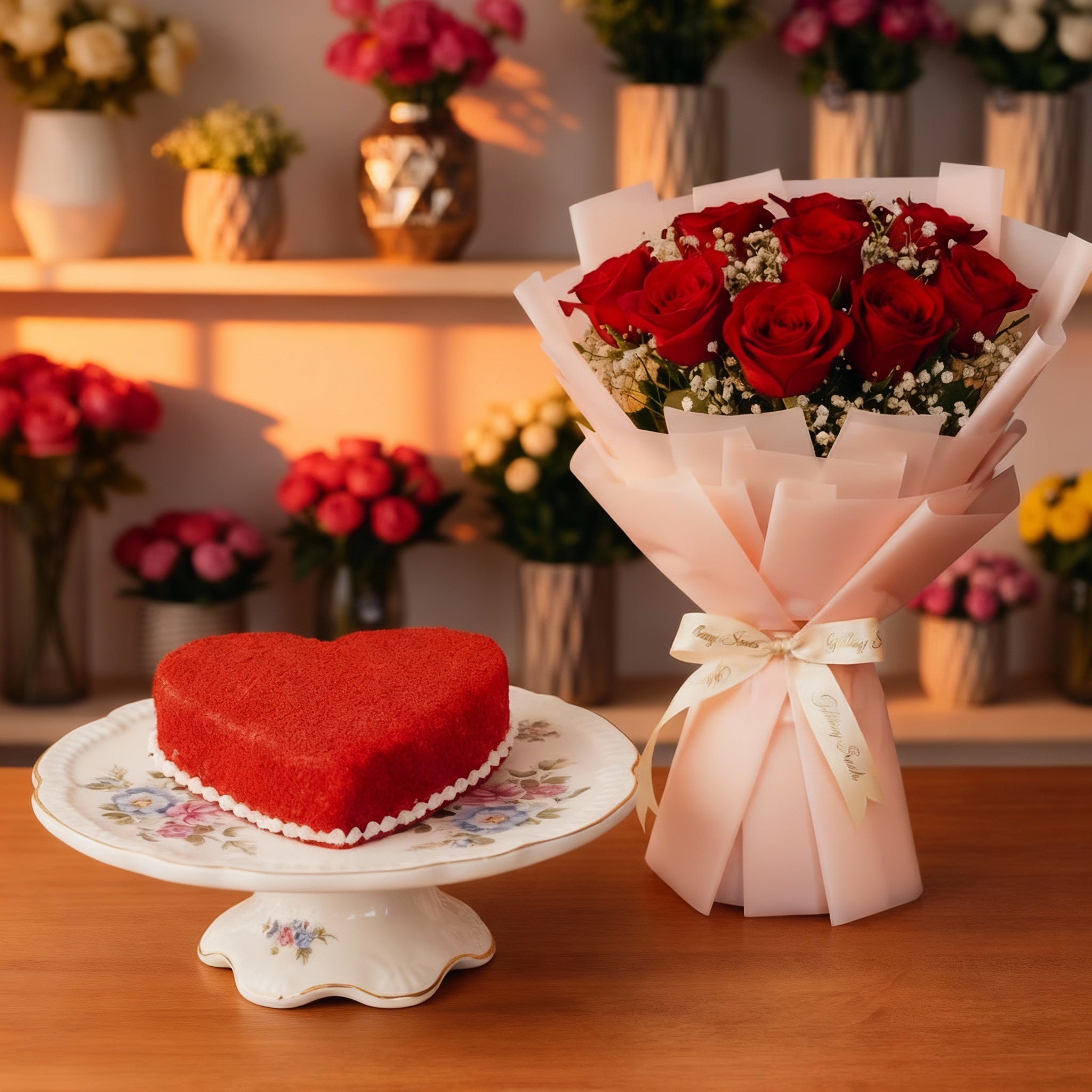 10 red rose with heart shape cake